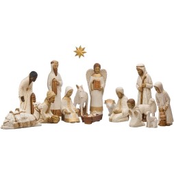 Crèche complète Blanche / Dorée (18 sujets + l'étoile + la mangeoire)