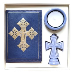 Coffret de la prière avec liseuse cuir bleu et céramiques bleues
