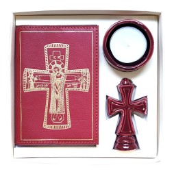 Prayer box with red notebook and red ceramics